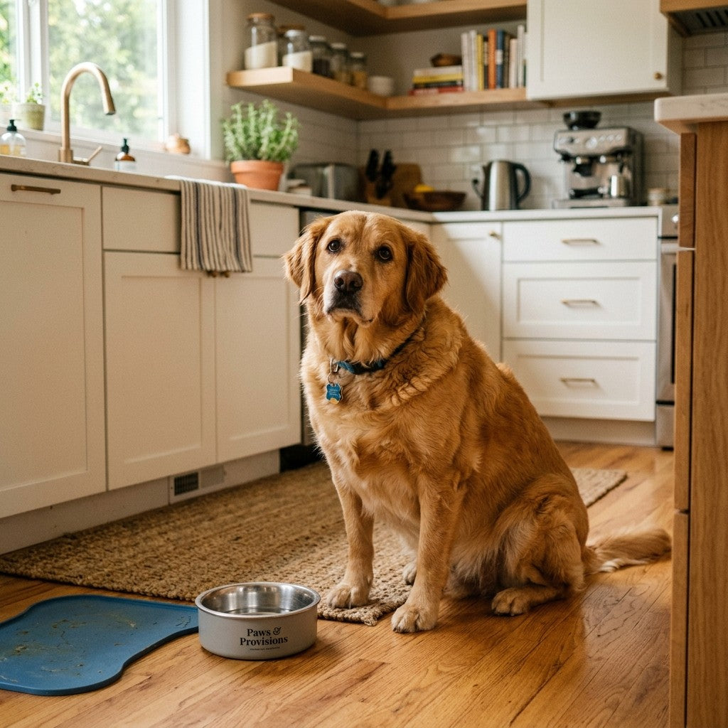 Chien devant sa gamelle vide réclamant à manger